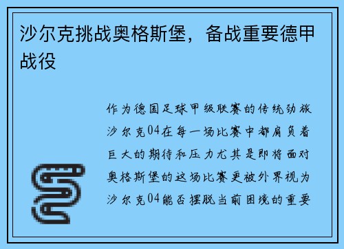 沙尔克挑战奥格斯堡，备战重要德甲战役